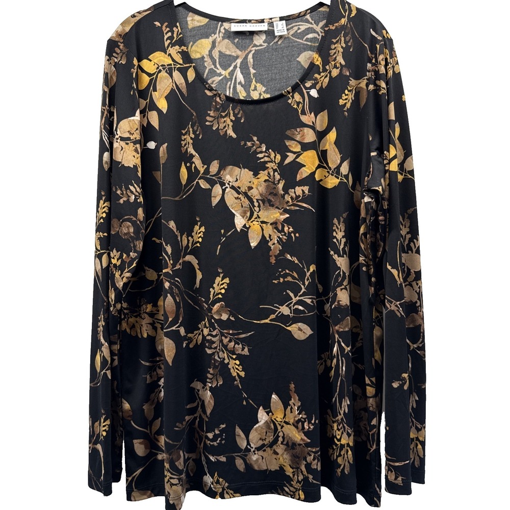 Susan Graver Liquid Knit Top Size Large Black Gold Floral Whimsigoth Long Sleeve